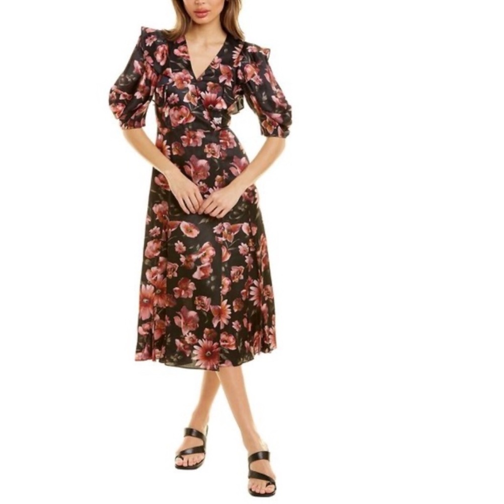NWT. The Kooples Daisy Black and Pink Floral Midi Dress